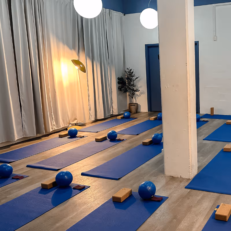 Salle de yoga avec tapis bleus alignés au sol, chacun accompagné d'un ballon bleu et d'un bloc de yoga en liège.
