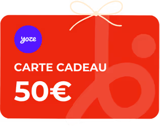 Carte cadeau rouge de 50 euros avec un logo bleu 'yoze' et un ruban blanc en forme de nœud.