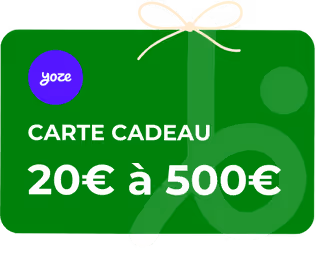 Carte cadeau Yoze verte avec un ruban blanc, montant de 20€ à 500€.