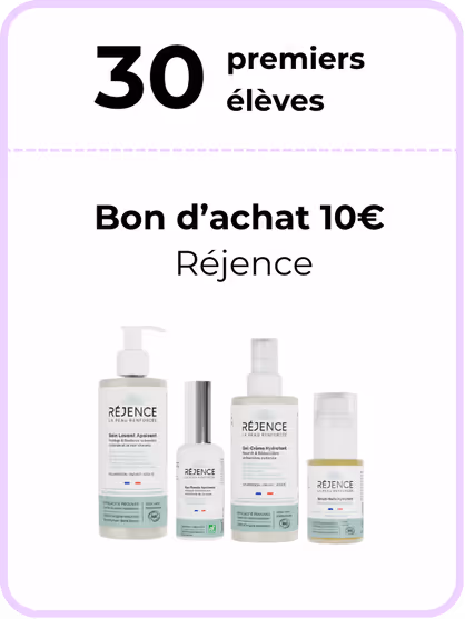 Annonce pour 10 premiers élèves avec bon d'achat de 60€ pour Les Jus Paf, montrant plusieurs bouteilles de jus et un verre de jus vert avec un citron et du gingembre.