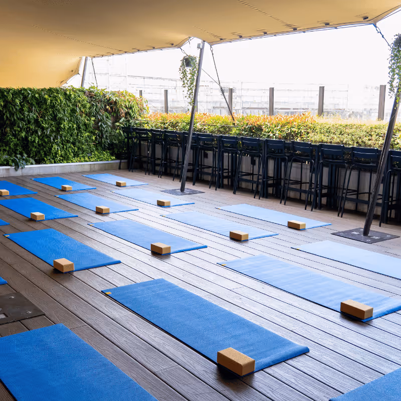 Espace de yoga en plein air avec tapis bleus et blocs disposés sur un sol en bois, sous une toile tendue, avec un mur végétal et des chaises hautes en arrière-plan.