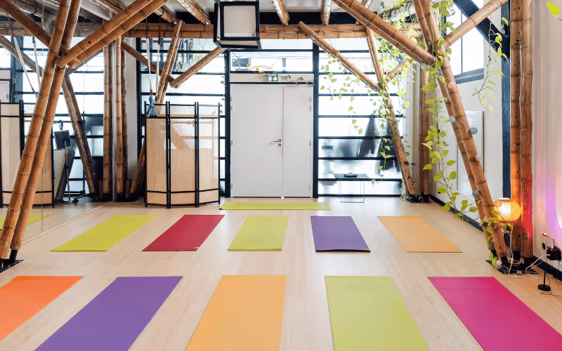 Salle de yoga avec plusieurs tapis bleus alignés au sol, chacun équipé d'un ballon bleu, deux briques en bois et une sangle rouge.