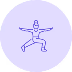 Icône d'une femme en posture de yoga guerrier, bras tendus, cheveux en chignon.