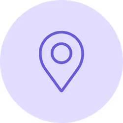 Icône de localisation en forme d'épingle sur fond violet clair.