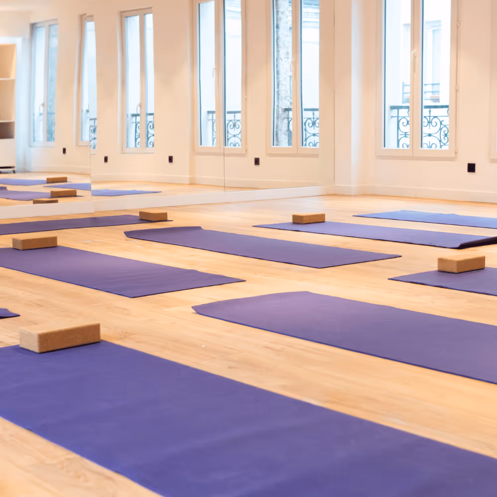 Salle de yoga vide avec tapis violets et blocs de yoga sur un sol en bois clair.