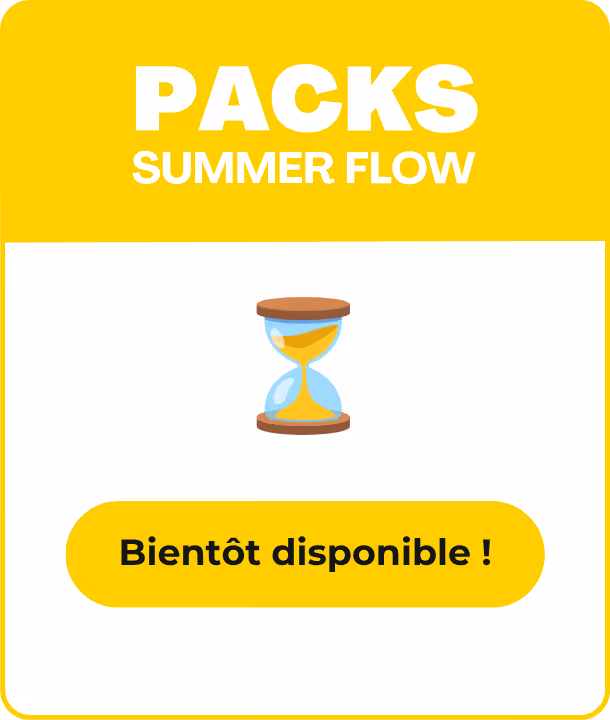 Texte Summer Flow Packs avec icône de sablier et bouton jaune Bientôt disponible.