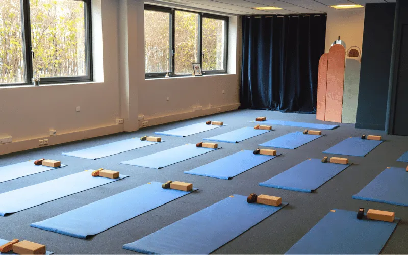 Salle de yoga avec plusieurs tapis bleus alignés au sol, chacun équipé d'un ballon bleu, deux briques en bois et une sangle rouge.