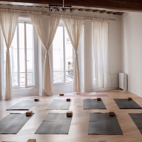 Salle de yoga avec des tapis bleus et des briques de yoga disposés sur un sol en bois, grands miroirs au mur
