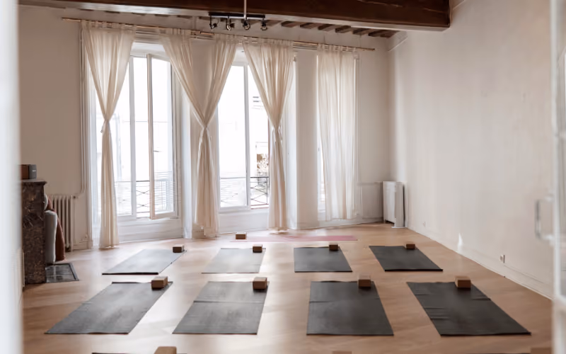 Salle de yoga avec plusieurs tapis bleus alignés au sol, chacun équipé d'un ballon bleu, deux briques en bois et une sangle rouge.