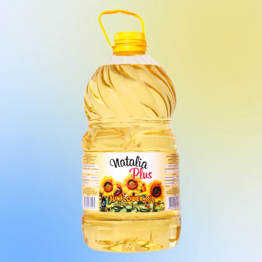 A close-up of a 5-liter jug of sunflower oil, emphasizing domestic production and quality
