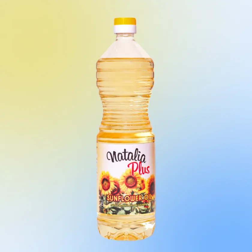 A close-up of a 1-liter jug of sunflower oil, emphasizing domestic production and quality