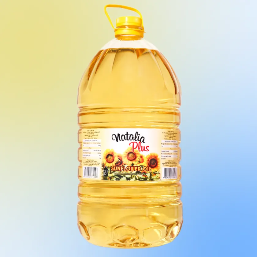 A close-up of a 10-liter jug of sunflower oil, emphasizing domestic production and quality