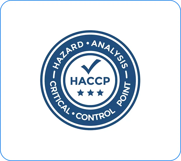 Circular HACCP logo with a check mark and three stars, surrounded by the words Hazard Analysis Critical Control Point.