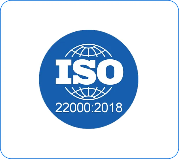 Blue circular ISO 22000:2018 certification logo with a globe design.