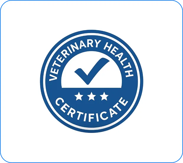 Blue circular seal with checkmark and three stars, labeled Veterinary Health Certificate.