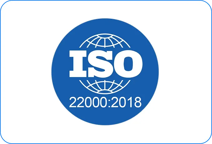 ISO 22000:2018 certification logo with a globe inside a blue circle.