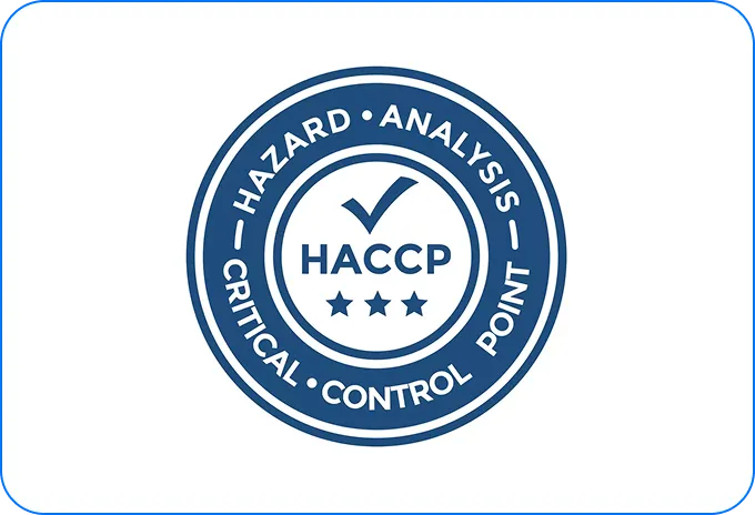 Blue circular HACCP logo with a checkmark and three stars, surrounded by the words Hazard Analysis Critical Control Point.