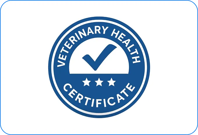 Blue circular Veterinary Health Certificate seal with a check mark and three stars inside.