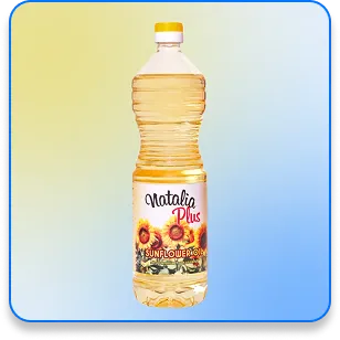 Bottle of Natalia Plus sunflower oil with sunflowers on the label.