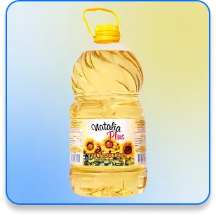 Large plastic bottle of Natalia Plus sunflower oil with a yellow handle and label featuring sunflowers.