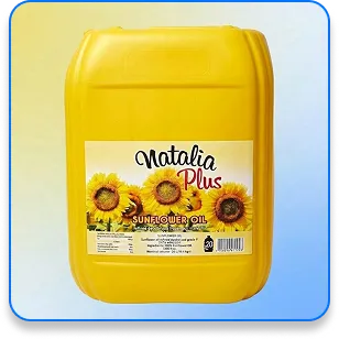 Large yellow container of Natalia Plus sunflower oil with sunflower images on the label.