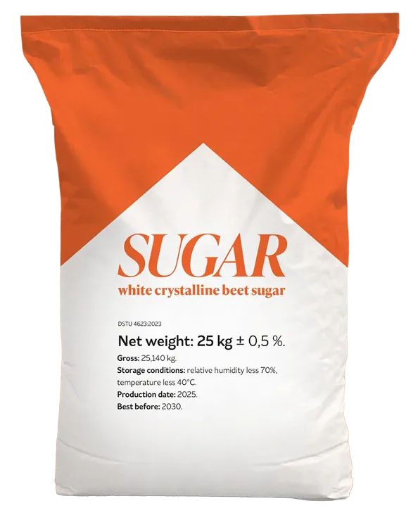 Orange and white bag of Armin Plus white crystalline beet sugar labeled with net weight 25 kg, storage conditions.