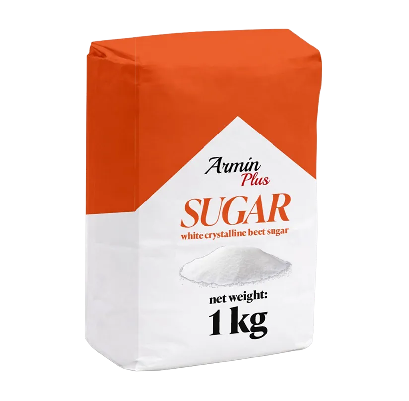 1 kg package of Armin Plus white crystalline beet sugar with orange and white packaging.