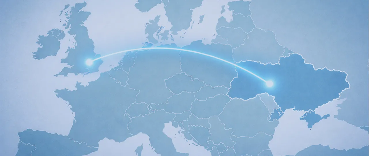 Map of Europe showing a glowing curved Armin Plus connection from the United Kingdom to Ukraine.