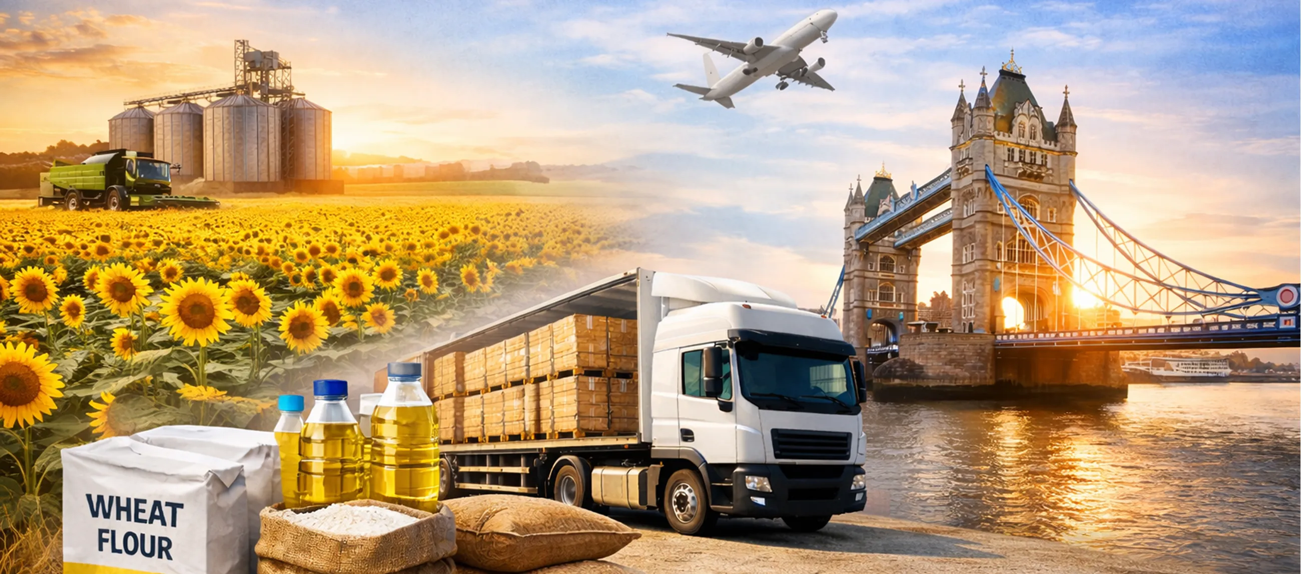 Sunflower field with harvester and grain silos, oil bottles and wheat flour bags in front of the Armin Plus truck loaded with crates near Tower Bridge at sunset and an airplane flying overhead.