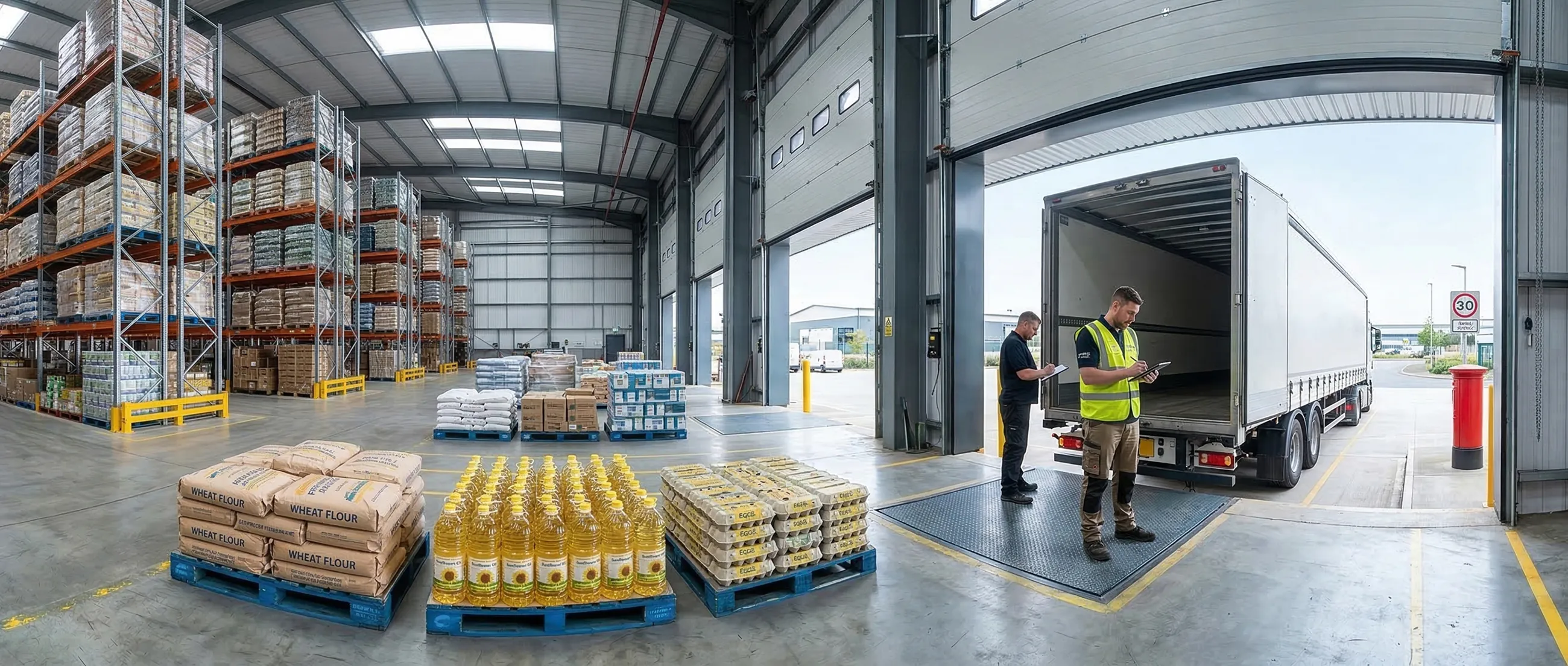 Two workers checking inventory with a clipboard and tablet at a warehouse loading dock beside an open delivery Armin Plus truck, surrounded by pallets of wheat flour, cooking oil bottles, and egg cartons.