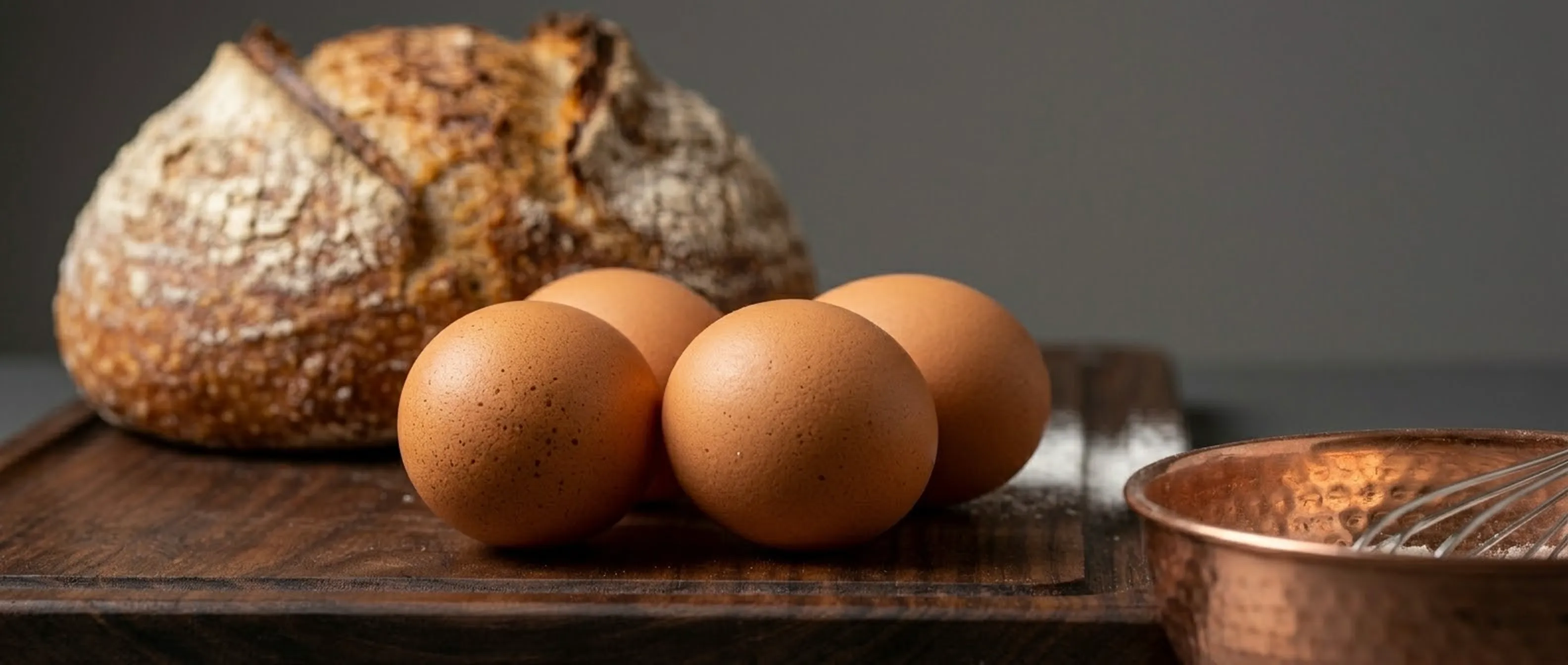 Four brown eggs on a wooden board with a round loaf of crusty bread and a hammered copper bowl with a whisk. Armin Plus