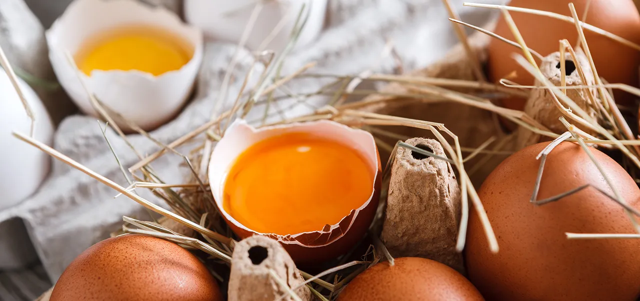 Close-up of brown eggs in a carton with one cracked open showing the yolk and straw scattered around.
