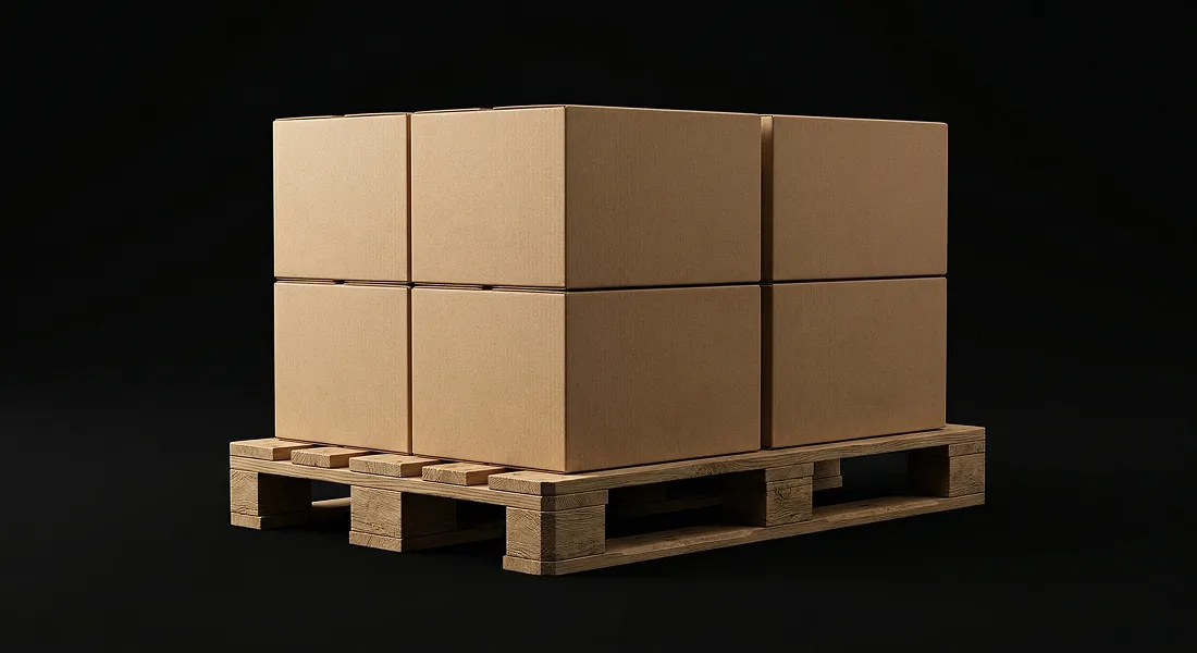 Six plain cardboard boxes stacked in two rows on a wooden pallet against a black background.