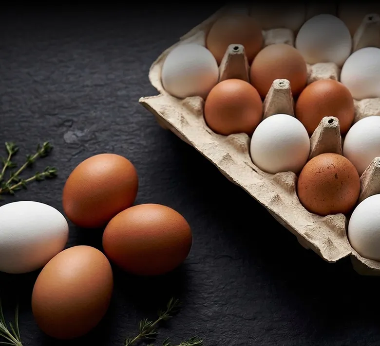 A carton of mixed brown and white Armin Plus eggs with several eggs placed outside on a dark surface with sprigs of greenery.