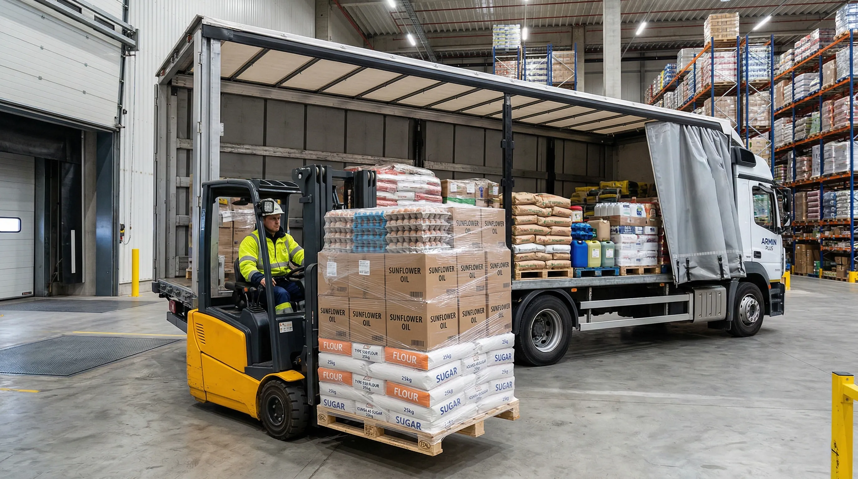 Worker operating a yellow forklift carrying a pallet stacked with boxes of sunflower oil, flour, sugar, and cartons of eggs inside a warehouse with an open delivery Armin Plus truck loaded with goods.