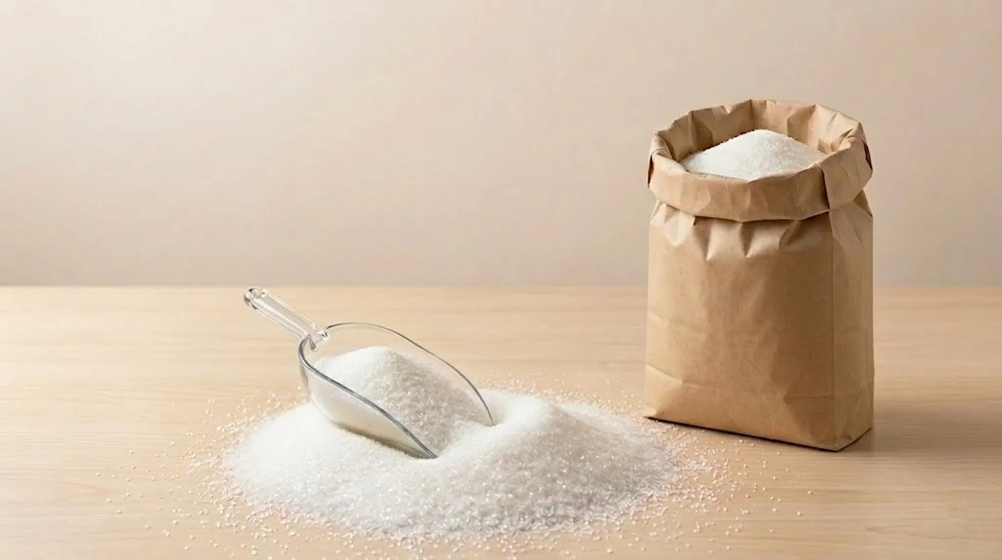Brown paper bag filled with white granulated sugar next to a clear scoop resting on a small pile of sugar on a wooden surface. Armin Plus