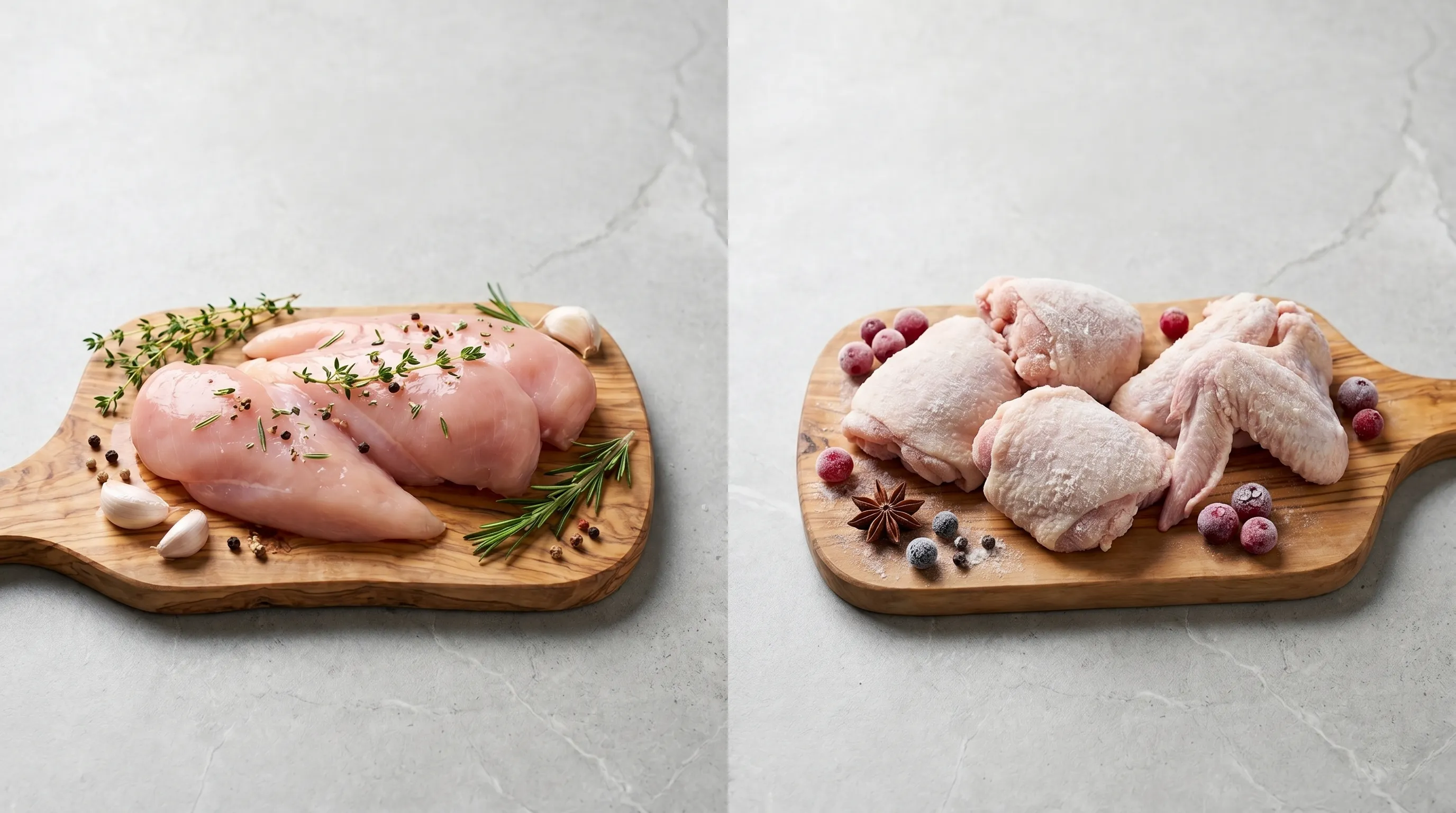 Raw chicken breasts seasoned with herbs and garlic on a wooden cutting board next to a board with frozen chicken thighs and wings surrounded by berries and star anise. Aemin Plus