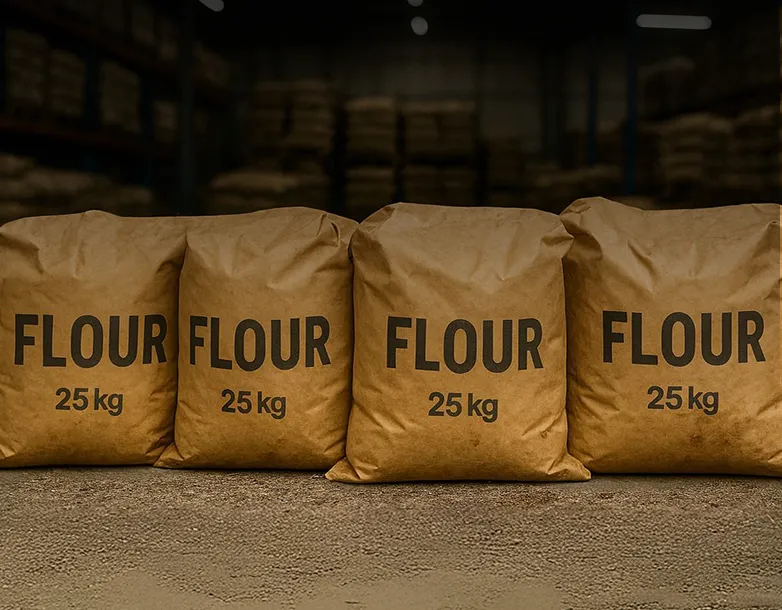 Armin Plus Four brown paper sacks each labeled 'FLOUR 25 kg' lined up on a concrete floor in a warehouse with stacked sacks in the background.