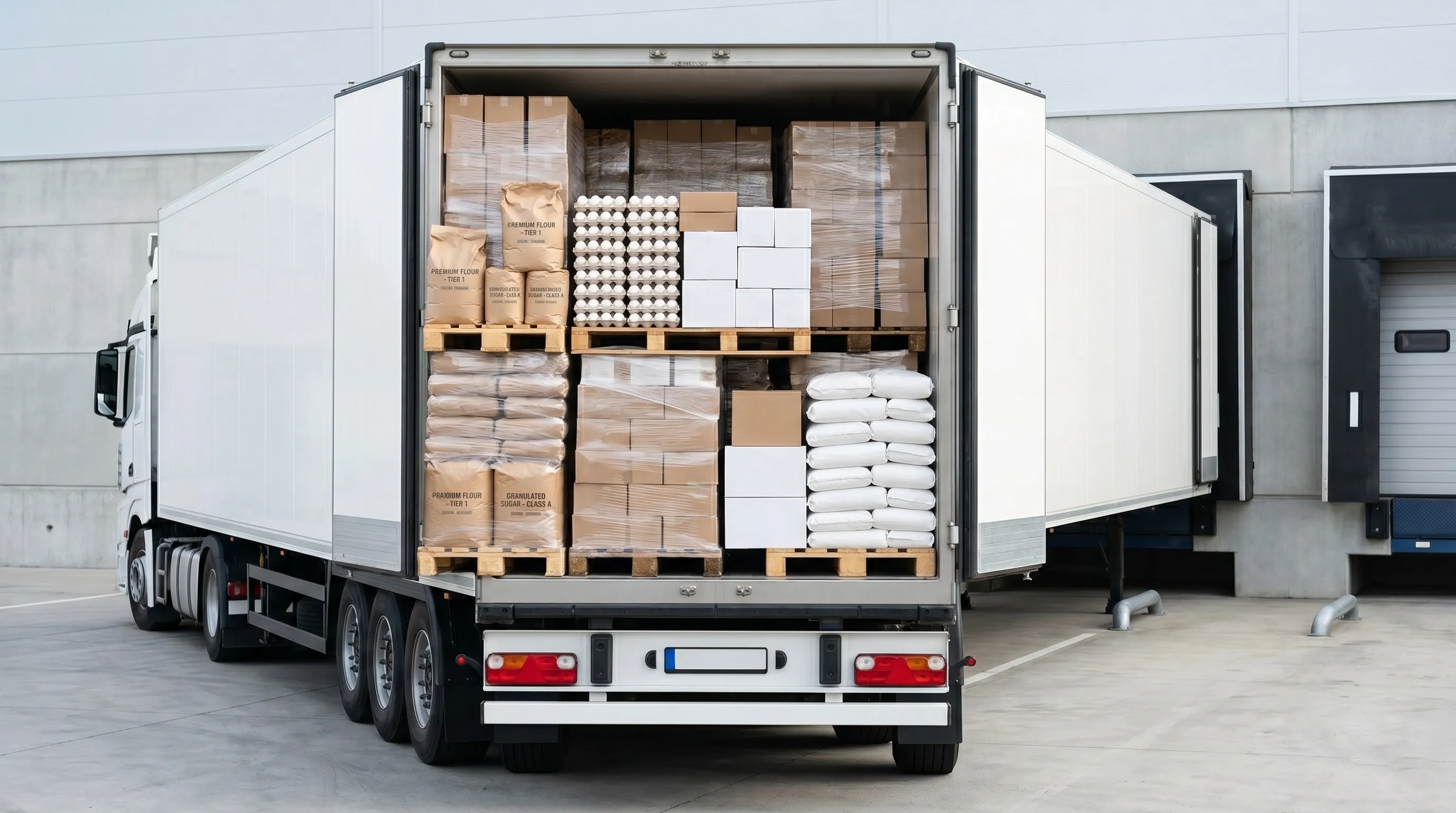 The Armin Plus truck backed into loading dock with open rear doors showing pallets loaded with bags, cartons, and crates.