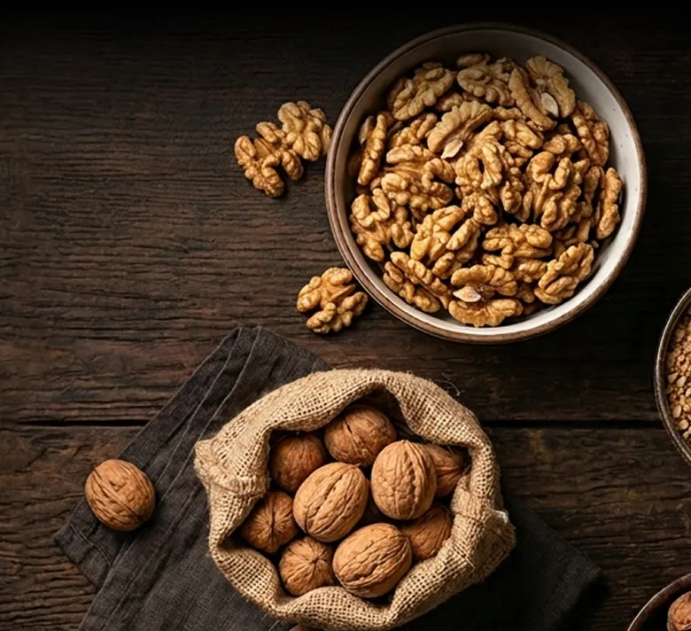 Bowl of Armin Plus walnut halves and burlap sack with whole walnuts on dark wooden surface.