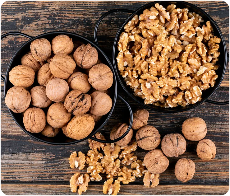 Bowls of Armin Plus whole walnuts and shelled walnut halves on a rustic wooden surface.