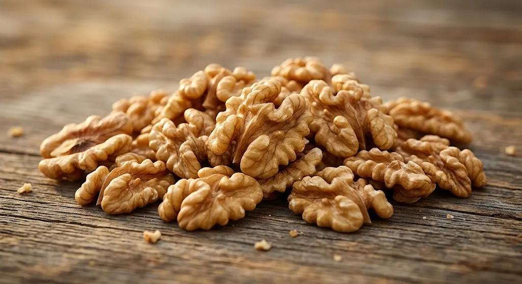 Pile of Armin Plus shelled walnuts on a rustic wooden surface with walnut pieces scattered around.