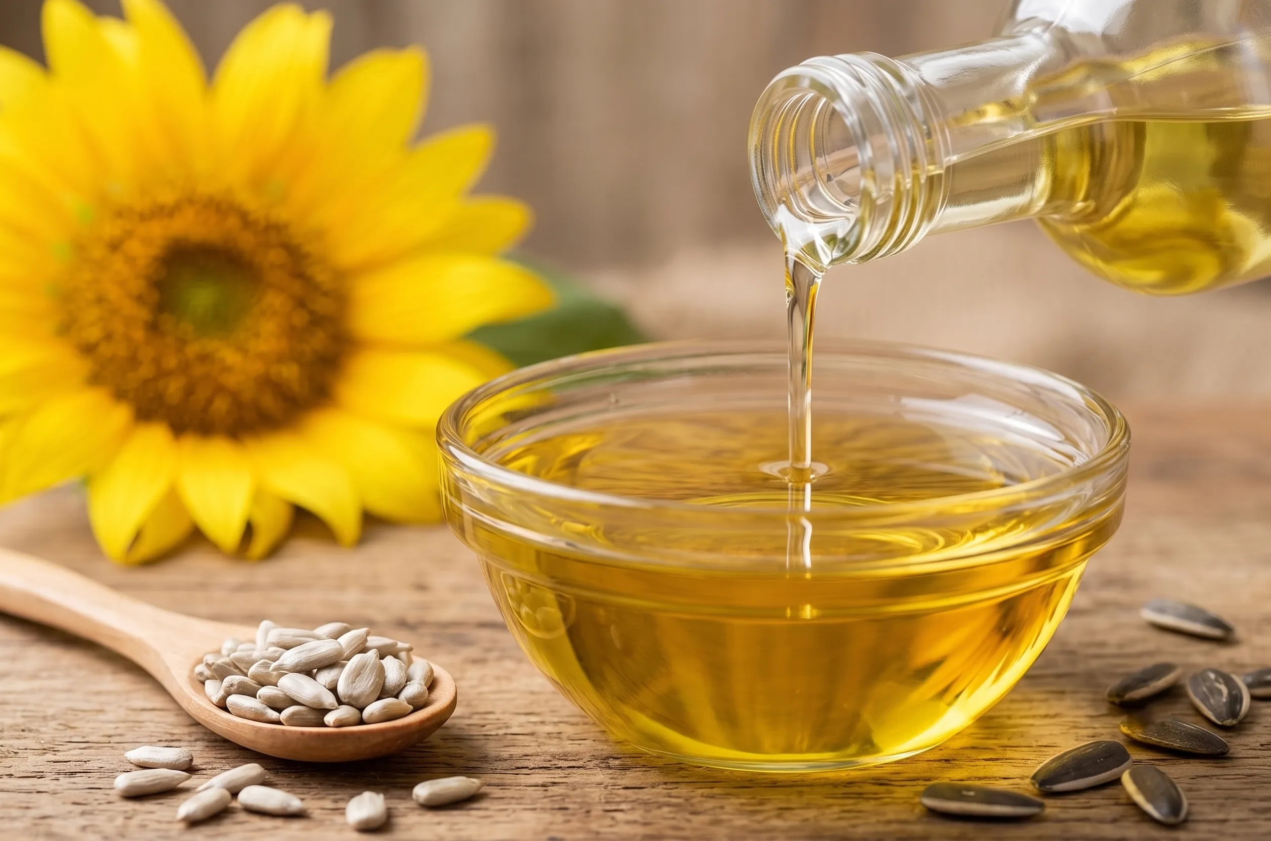 Armin Plus sunflower oil pouring into a glass bowl with sunflower seeds and a sunflower in the background.