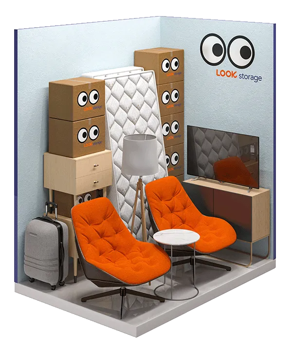 A graphic showing what fits inside a LOOK 35 square feet unit