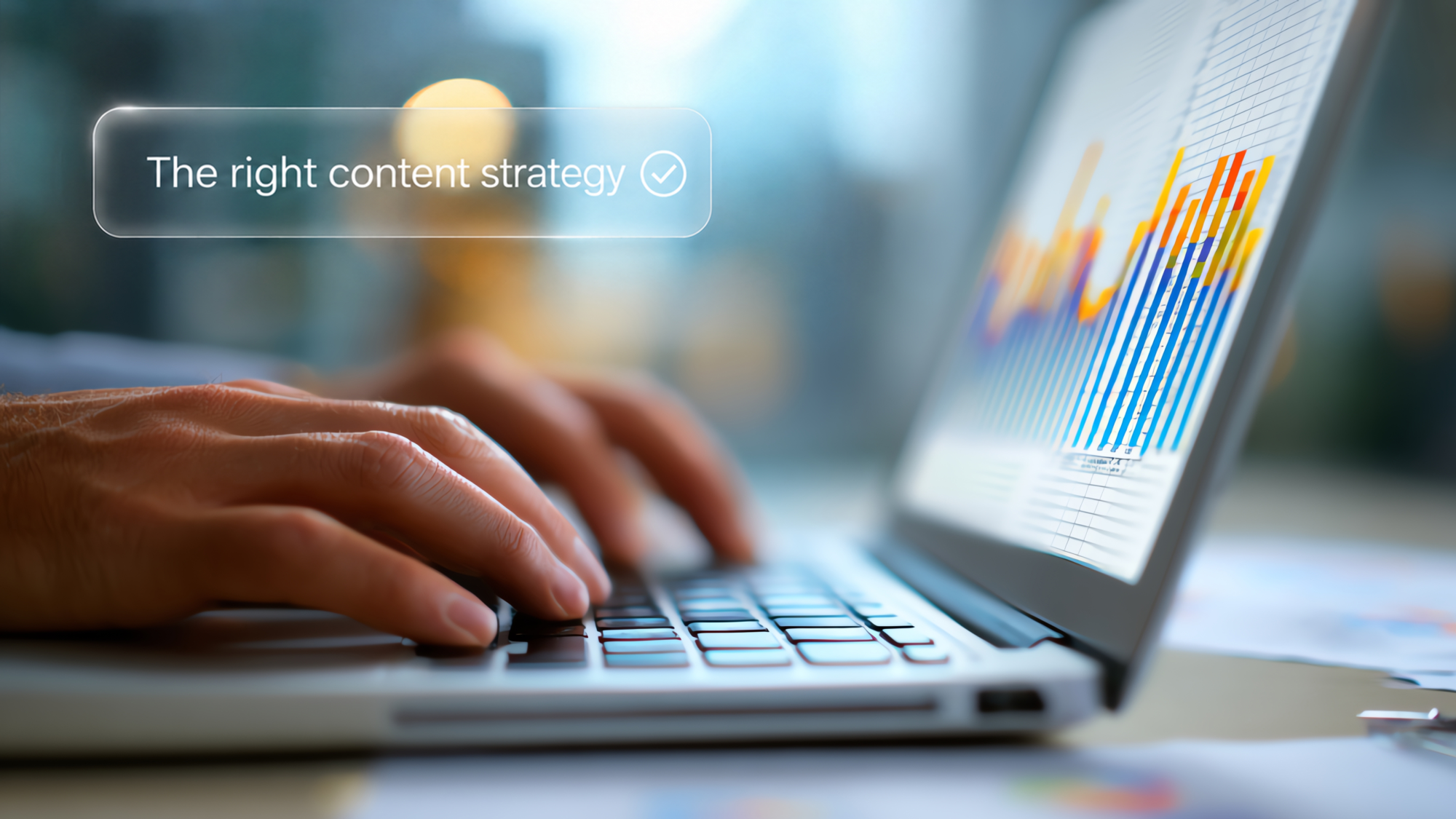 Hände tippen auf einem Laptop mit Analyse-Diagrammen; eingeblendet ist „The right content strategy“ als Symbol für Content-Strategie 2026.