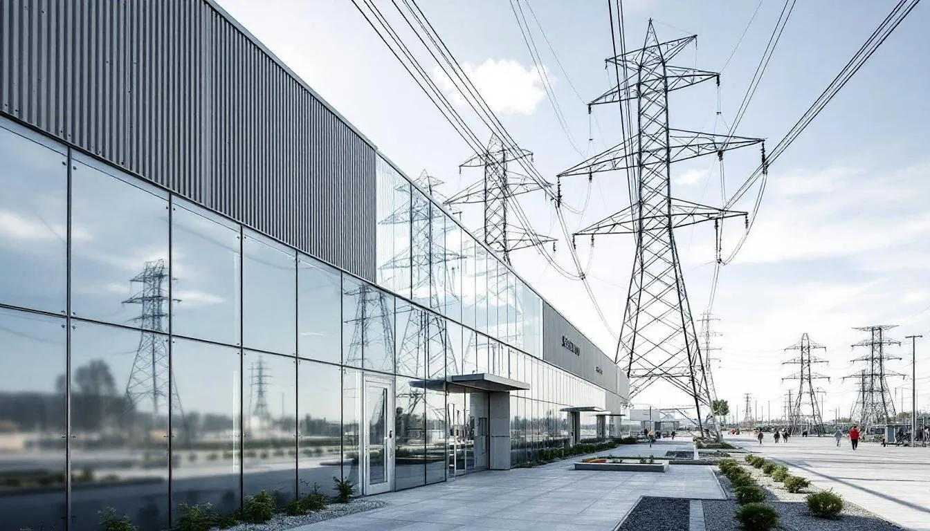 Modernes Umspannwerk mit Glasfassade, umgeben von Hochspannungsmasten und Stromleitungen, bei Tageslicht fotografiert.