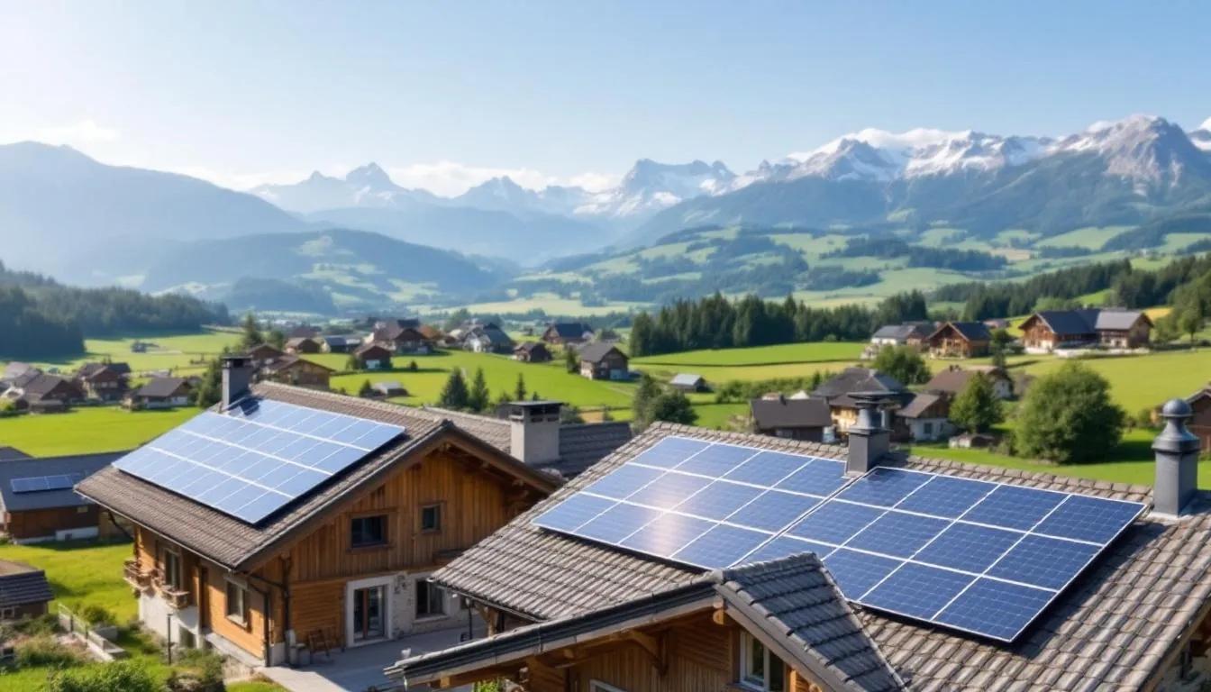 Holzhäuser in den Alpen mit modernen Solaranlagen auf den Dächern, umgeben von grünen Wiesen und Bergen.