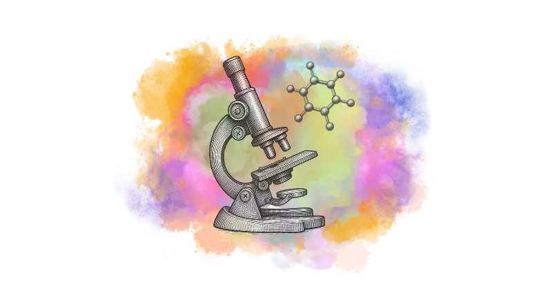Desenho de microscópio antigo com fundo colorido e estrutura molecular ao lado.
