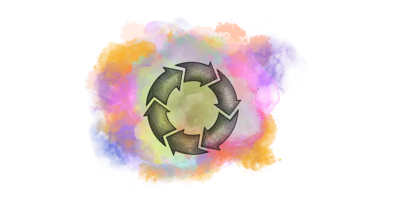 Símbolo de reciclagem com setas formando um círculo em fundo colorido abstrato.