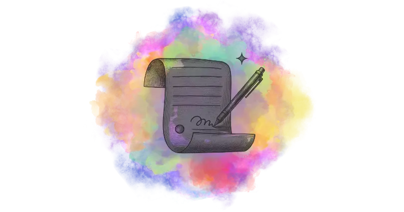 Ilustração de pergaminho com caneta assinando, com fundo colorido abstrato.